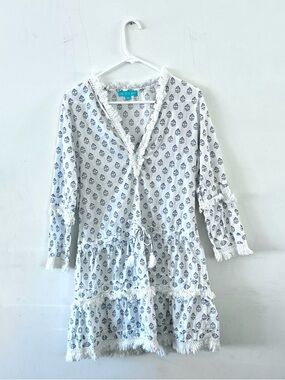 Melissa Odabash Claudia White Mini Dress with Navy Print, Coverup, Medium